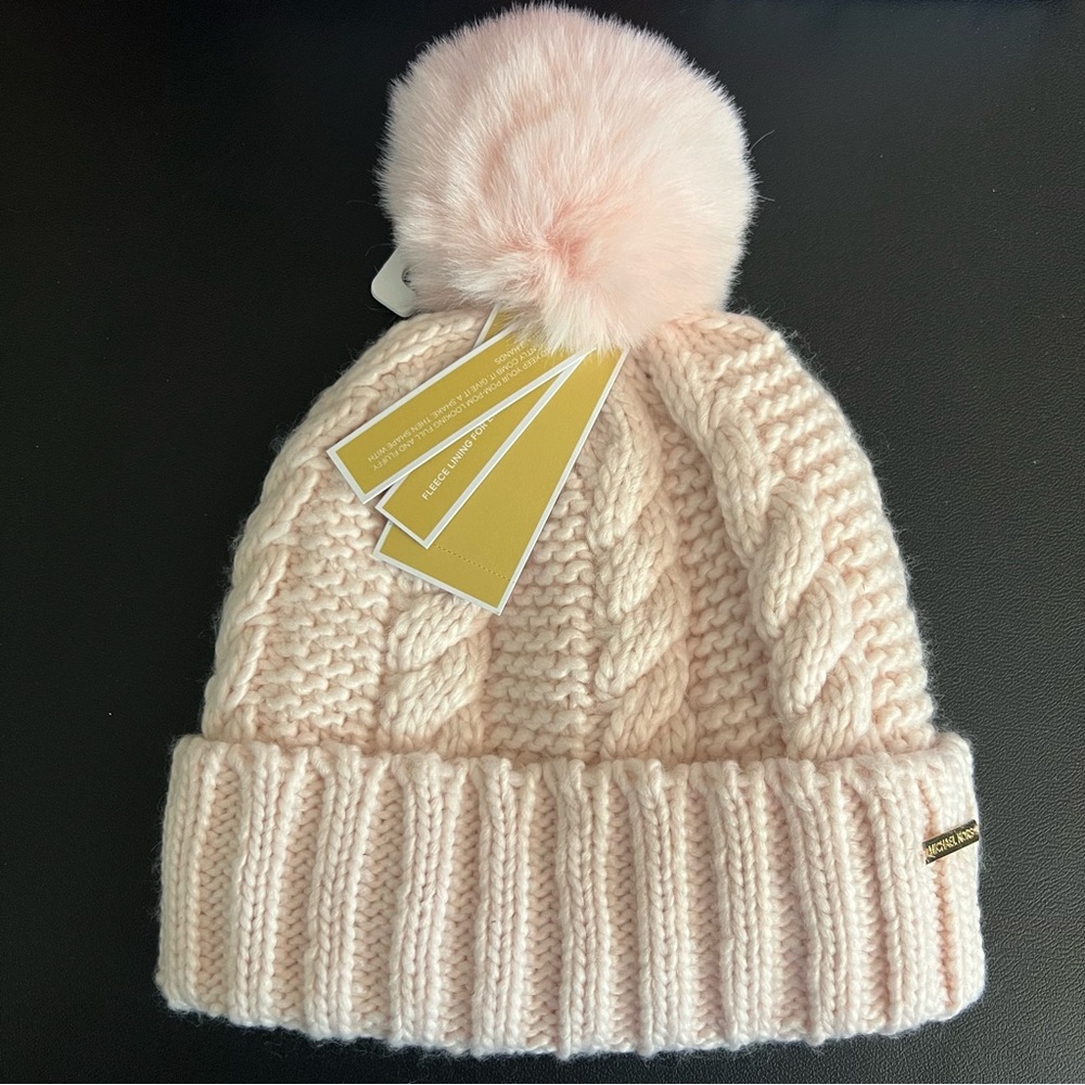 MICHAEL KORS Pink Cable Knit Ribbed Fleece Lined Pom Pom Beanie Hat NWT-One Size